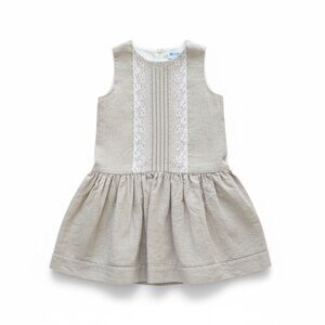 Girls Beige Sleeveless Dress with Lace Detail
